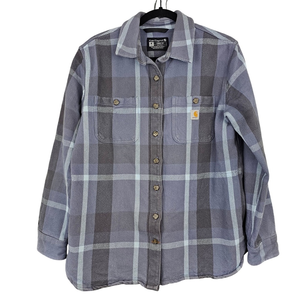 Carhartt Womens Loose Fit Flannel Shirt Blue‎ Grey Plaid Medium 8-10